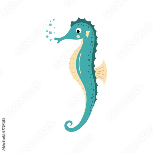 Cute cartoon colorful sea horse. Flat vector seahorse, isolated on a white background. Wild sea animal. Hippocampus. Ocean creatures. Design for fabric, print, postcard, t-shirt, children books