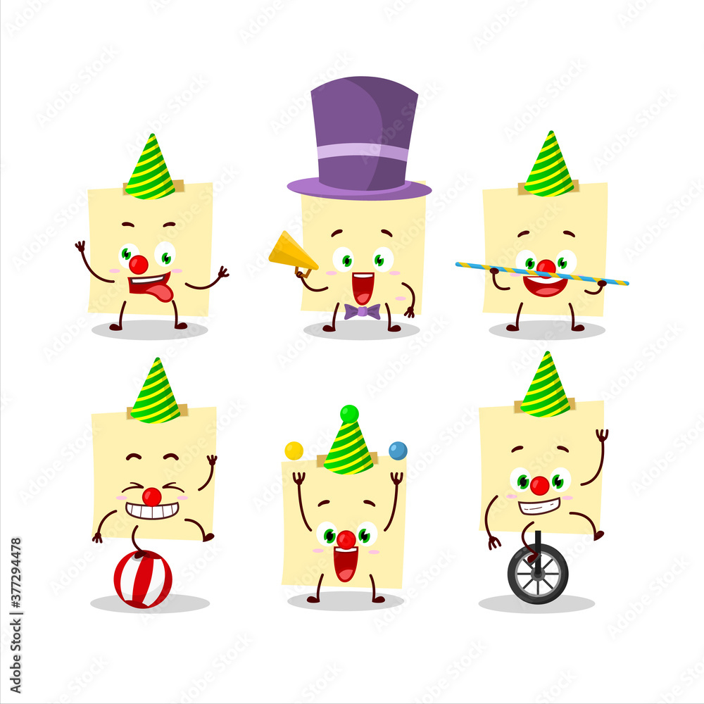 Cartoon character of pale yellow sticky notes with various circus shows