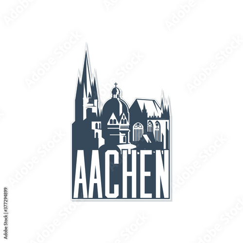 Monochrome badge, icon of Aachen city on white background.
