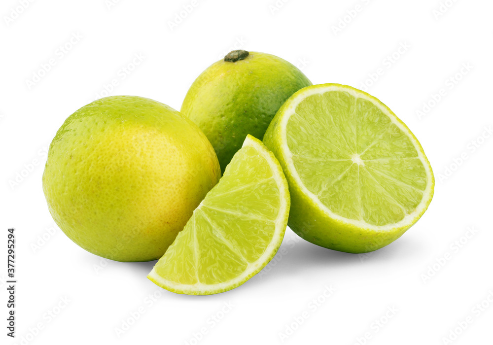 Natural fresh lime with water drops and sliced, green leaf isolated on white background Natural fresh lime with water drops and sliced, green leaf isolated on white background