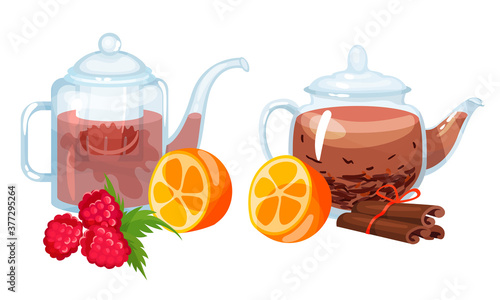 Glass Teapots with Aromatic and Spicy Fruit Tea with Raspberry and Orange Rested Nearby Vector Set