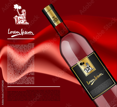 Mock-up wine bottle with logo on a red background.