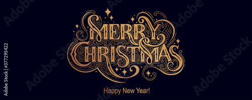 Merry Christmas and Happy New Year Vintage background with typography. Drawn by hands. Vector image.