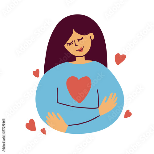 Cute girl hugs herself. Self care, love yourself icon, body positive illustration. Happy woman and red heart shape inside. Slow life, wellness, me time, acceptance concept. Valentines vector postcard