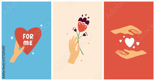 Set of abstract vectors with heart shapes. Female hand holding flower. Self care, love yourself, acceptance concept. Hand drawn illustrations for cosmetics or beauty products, poster, postcard, banner