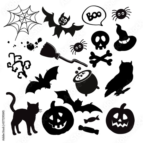 Vector illustration silhouette with items for the holiday Halloween. Bat, black cat, pumpkins, owl and broom