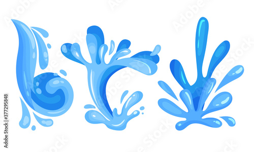 Blue Curved Water Splashes with Drops Vector Set