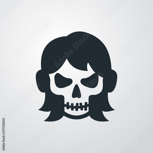 Feliz Halloween. Día de los muertos. Disfraz de zombi. Cabeza de mujer joven con máscara de calavera en fondo gris