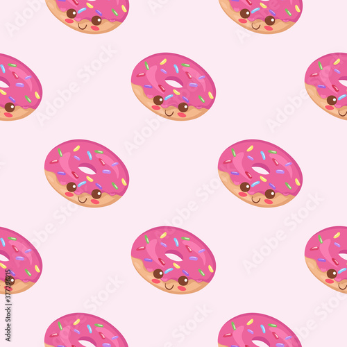 Seamless vector pattern with kawaii pink doughnuts. Cute food characters illustration for fast food wrapping paper, postcard, textile, background texture, confectionery, bakery, cafe decoration.