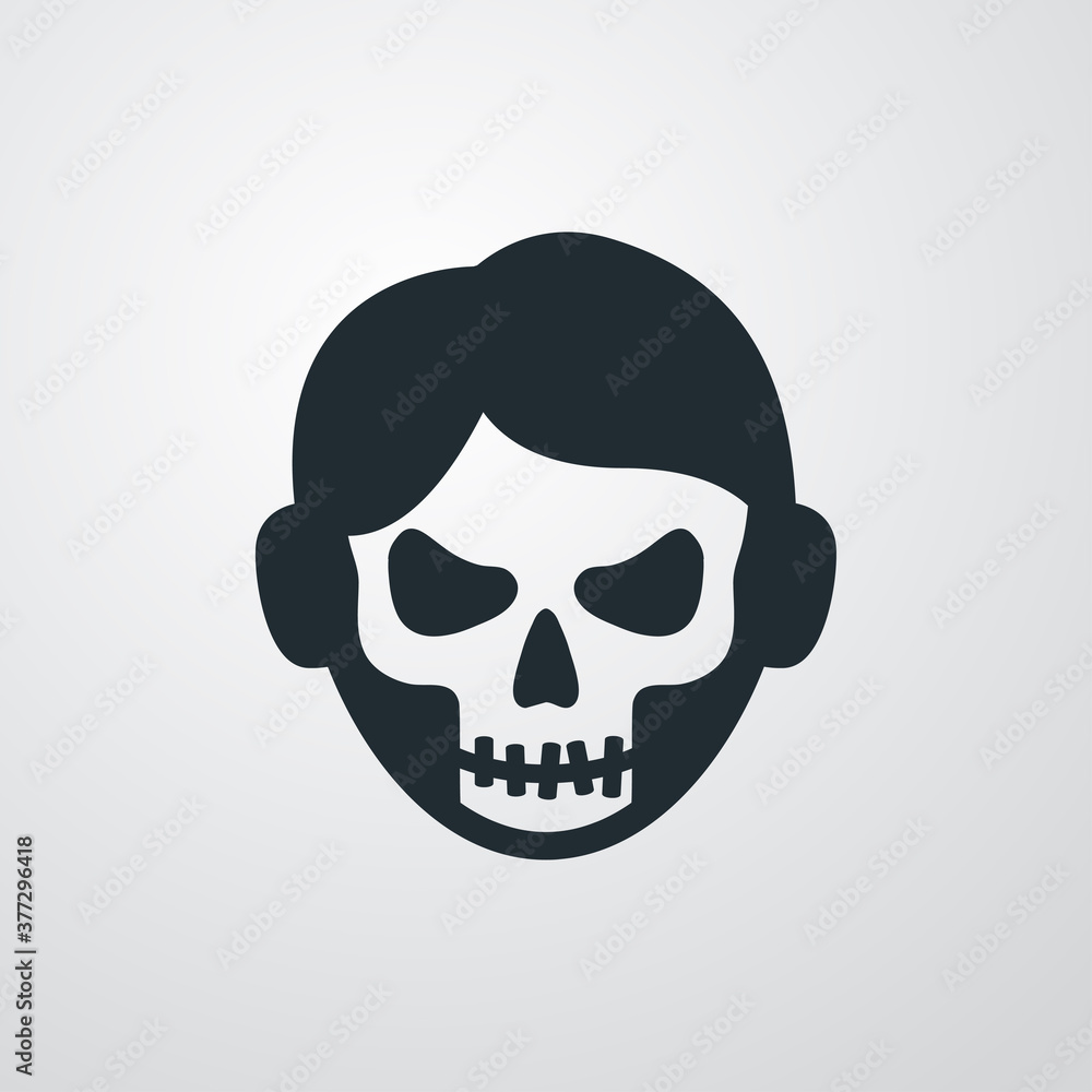 Feliz Halloween. Día de los muertos. Disfraz de zombi. Cabeza de hombre joven con máscara de calavera en fondo gris Feliz Halloween. Día de los muertos. Disfraz de zombi. Cabeza de hombre joven con máscara de calavera en fondo gris