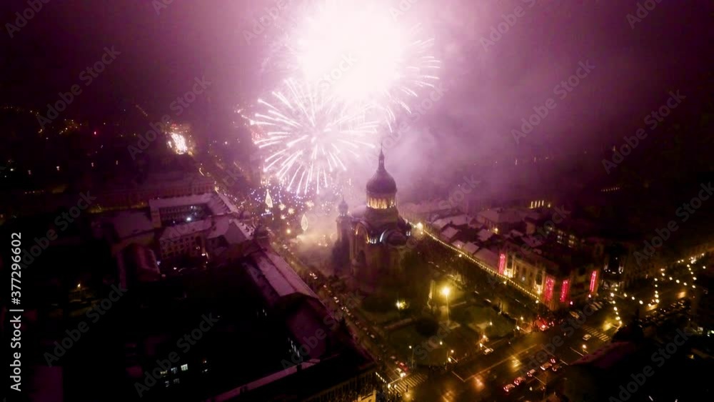 Aerial shot of fireworks in Eastern Europe. New Year's Eve Celebration Aerial shot of fireworks in Eastern Europe. New Year's Eve Celebration