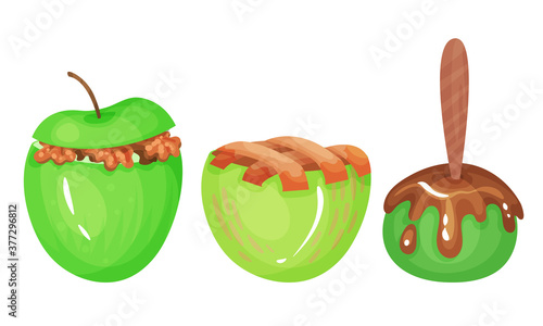 Desserts with Stuffed Green Apple Isolated on White Background Vector Set