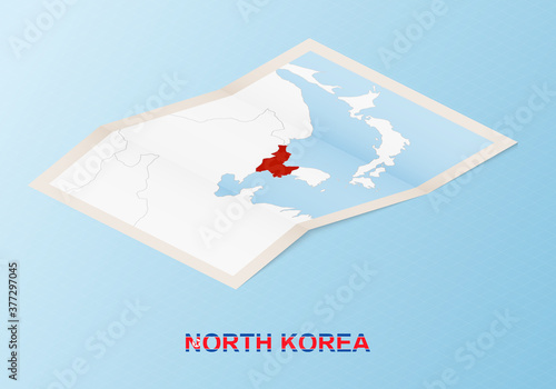 Folded paper map of North Korea with neighboring countries in isometric style.