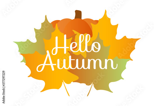 Hello autumn quote with orange maple leafes and pumpkin