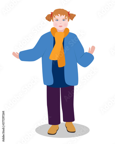 Vector illustration of a girl in autumn clothes Isolated on white background. Child character in trending flat cartoon style