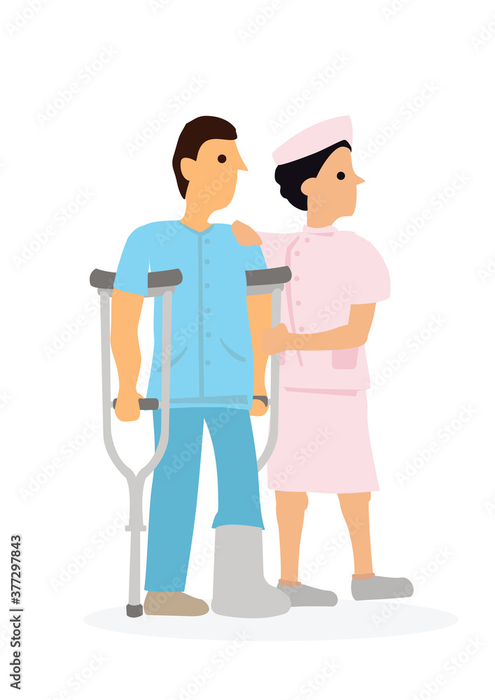 Young female nurse helping injured man in cast. Medicial care concept. Young female nurse helping injured man in cast. Medicial care concept.