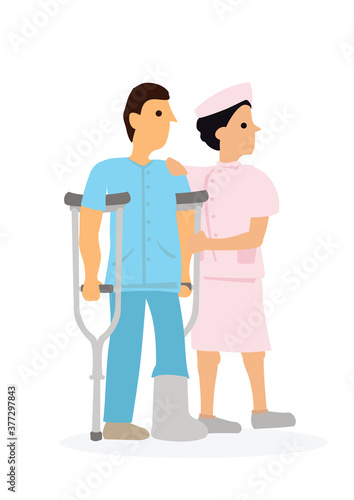 Young female nurse helping injured man in cast. Medicial care concept.