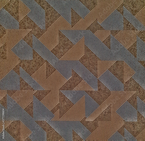 Brown ceramic tile with geomeric pattern for wall and floor decoration. Concrete stone surface background. Vintage texture with ornament for interior design.