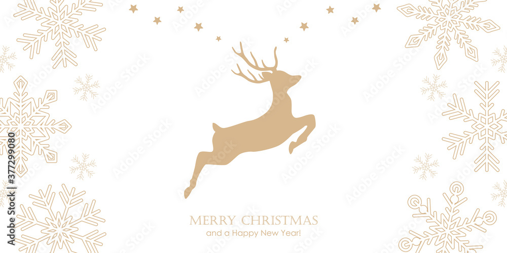 bright christmas greeting card with jumping deer and snowflake border vector illustration EPS10