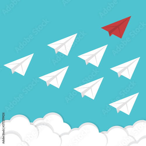 Red Paper Airplane Leading White Paper Airplanes. Leadership Concept With Paper Planes.