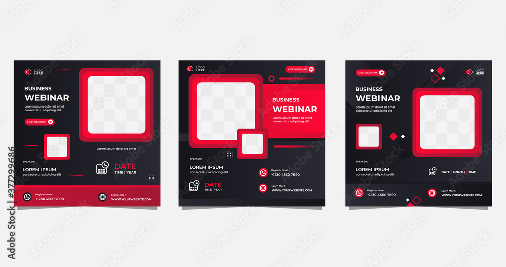 Set of social media post template for Business Webinar. with Black and Red background Set of social media post template for Business Webinar. with Black and Red background