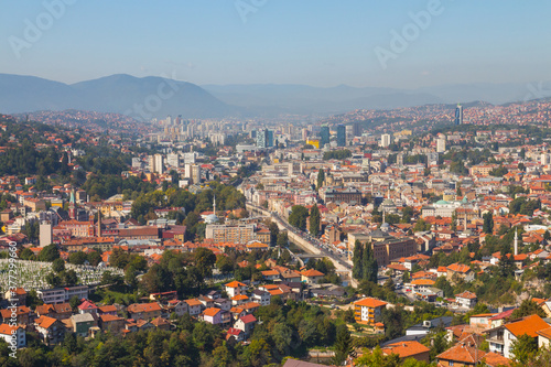 Panoramic view of the city of Sarajevo from the top of the hill. Bosnia and Herzegovina