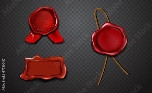 Three different blank red stamps of approval in sealing wax over a dark background with drop shadow, colored vector illustration