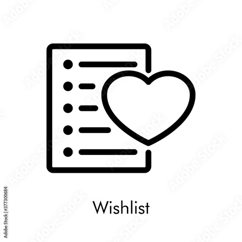 Concepto ecommerce. Icono lineal con texto Wishlist con formulario con corazón en color negro