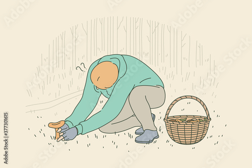 Activity, harvesting, collection, nature concept. Youg man guy boy cartoon character sitting and collecting picking up mushroom cutting with knife in forest. Autumn active recreation and lifestyle.