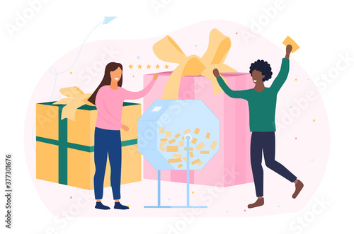 Lottery winner coming to collect his prize with the winning ticket on stage, colored vector illustration