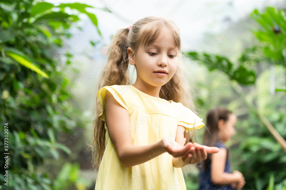 two little girls with butterflies in a greenhouse two little girls with butterflies in a greenhouse