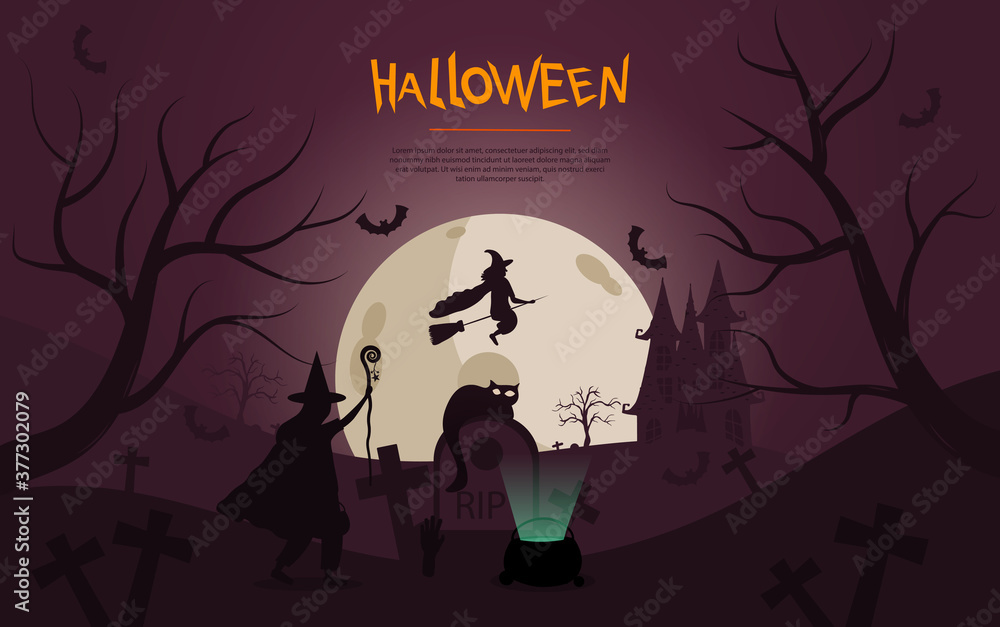Spooky Halloween design with flying witch, bats, ghosts, ghouls and haunted house on a midnight background, colored vector illustration