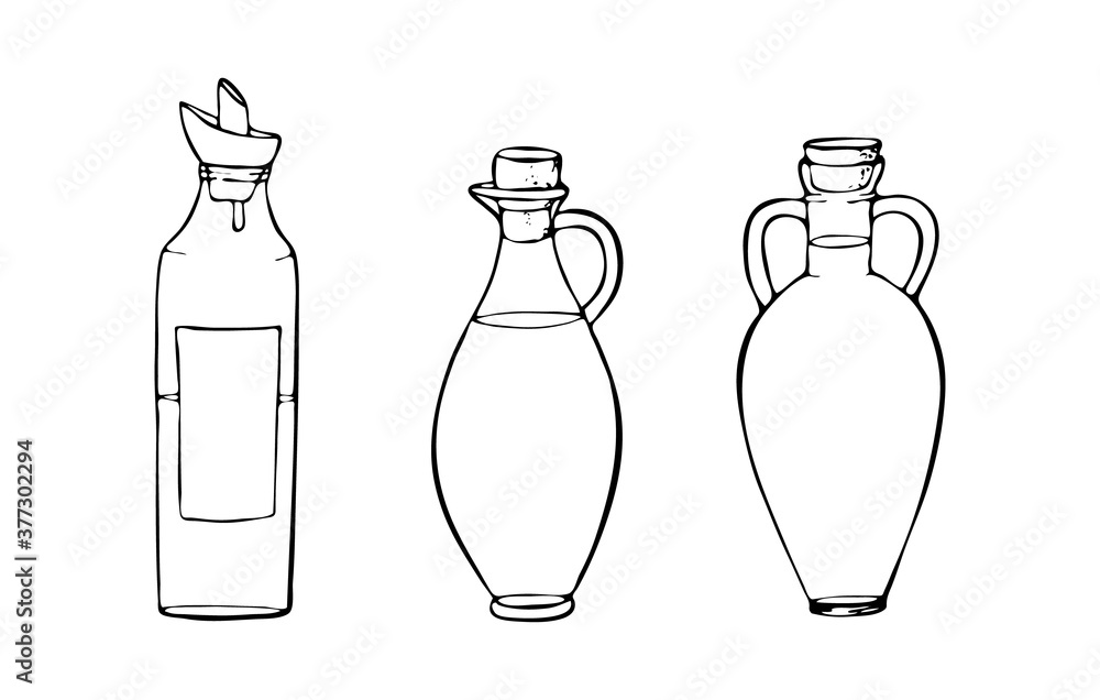 glass oil bottles with stoppers, olive,coconut, sunflower, sesame, hemp and other oils.vector illustrations for food packaging design, cosmetics, restaurant menus, postcards glass oil bottles with stoppers, olive,coconut, sunflower, sesame, hemp and other oils.vector illustrations for food packaging design, cosmetics, restaurant menus, postcards