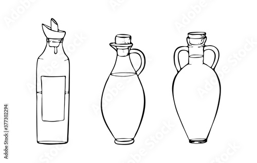 glass oil bottles with stoppers, olive,coconut, sunflower, sesame, hemp and other oils.vector illustrations for food packaging design, cosmetics, restaurant menus, postcards