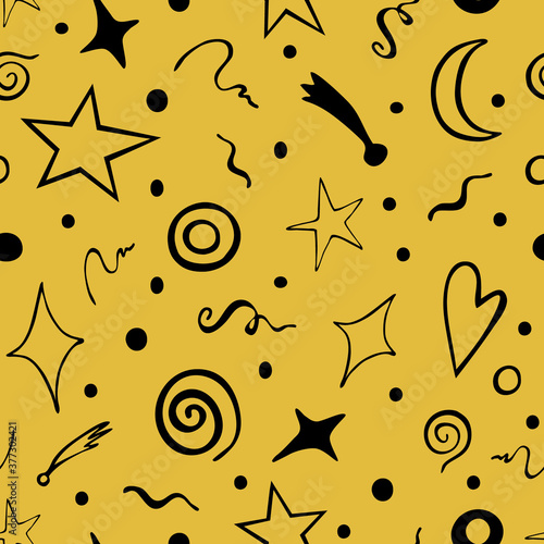 magical seamless pattern of stars, swirls, the moon, comets, and various circles.vector Doodle illustrations