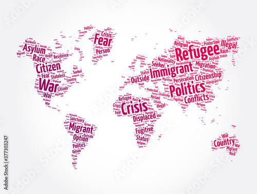 Refugee word cloud in shape of world map, concept background