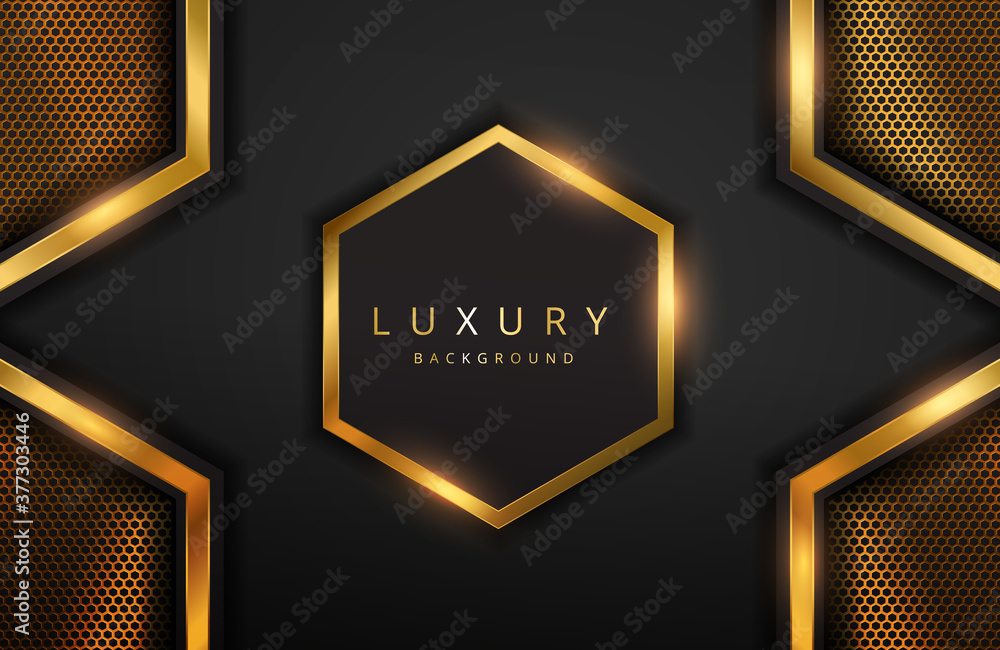 Realistic 3d background with shiny gold geometric shape. Vector golden geometry shape on black surface Graphic design element. Luxurious Elegant template Realistic 3d background with shiny gold geometric shape. Vector golden geometry shape on black surface Graphic design element. Luxurious Elegant template
