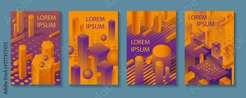 3D geometric shapes. Brochure collection, futuristic background, colorful bright vector illustration, cover, print. Abstract geometric shapes background.