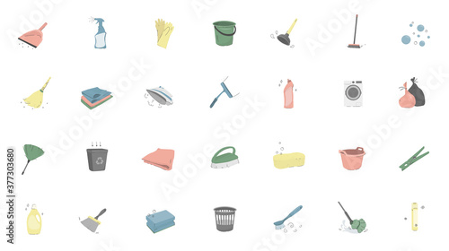 Cleaning service illustrations set. Laundry and dry cleaning, cleaning products and household appliances. For design icons