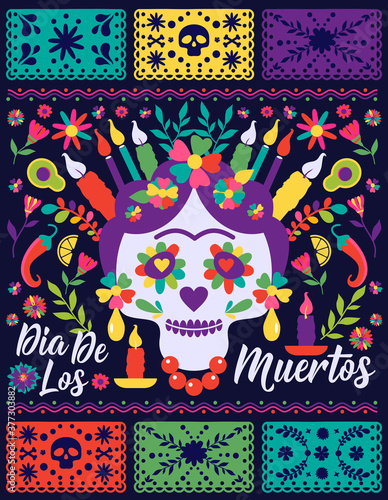 Dias de los Muertos trend flat banner vector. In English Feast of death. Mexico design for fiesta cards or party invitation, poster. Flowers traditional mexican frame with floral letters on dark