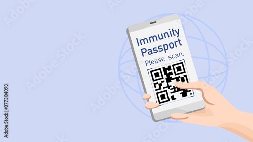 Immunity passport or health passport for the immunization for international traveling after COVID-19, digital application with QR code scan, vector illustration, flat design with world on background