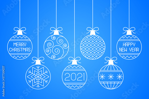 Hanging Christmas balls on blue background. Vector illustration.