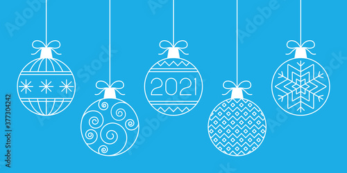 Hanging Christmas balls on blue background. Vector illustration.
