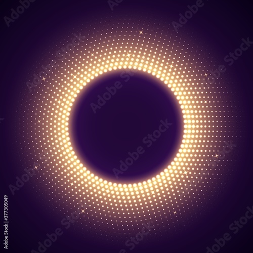 Golden round frame in disco style. Bright illuminated circular border isolated on a dark background. Abstract retro background with halftone gradient. Vector light effect.