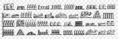 Food shop doodle set. Collection of hand drawn sketches templates of various different kind of meal on shelves on transparent background. Meat vegetables fish and fruits in grocery store illustration.