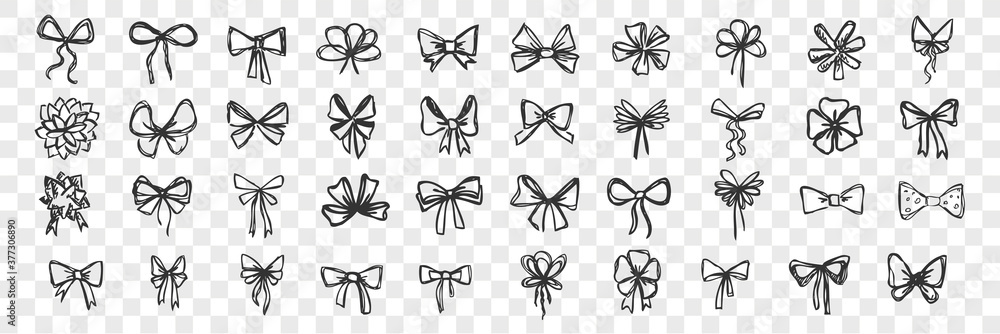 Hand drawn bows doodle set. Collection of pen pencil drawing sketches of decorative birthday holiday ribbons isolated on transparent background. Illustration of wedding celebration decoration symbol. - obrazy, fototapety, plakaty 