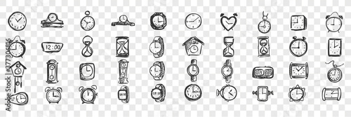 Watches doodle set. Collection of hand drawn templates sketches patterns of male female hand pocket timers and clocks on transparent background. Fashionable lifestyle and shopping illustration.