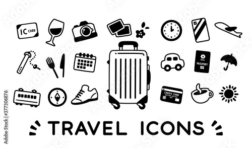 Trip icons set / simple / buttons / cute / black and white