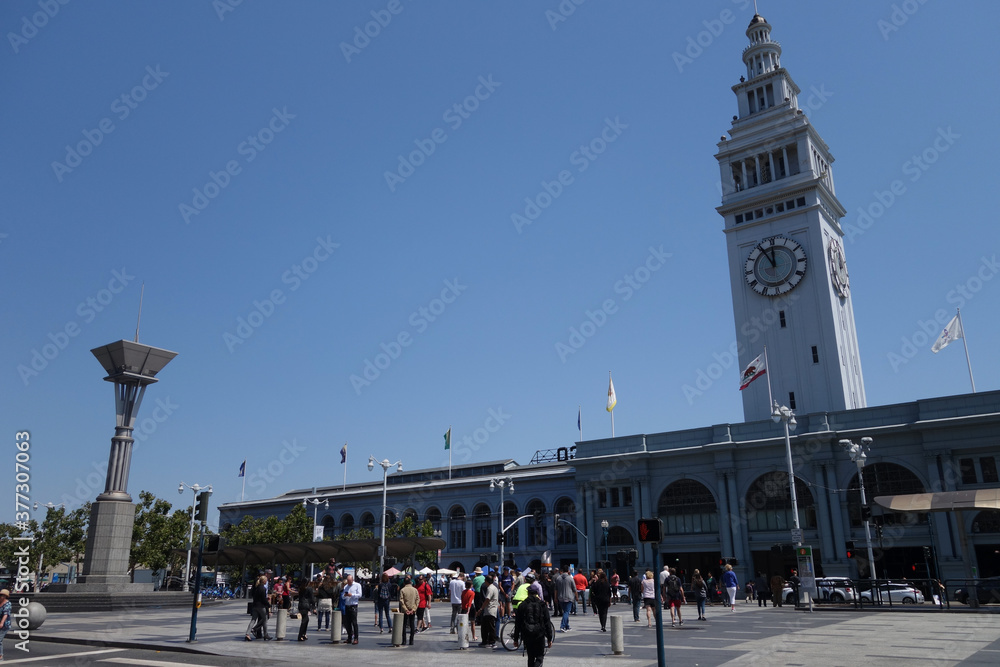 View of the San Francisco Ferry Building, terminal for ferries and food hall, located on The Embarcadero.