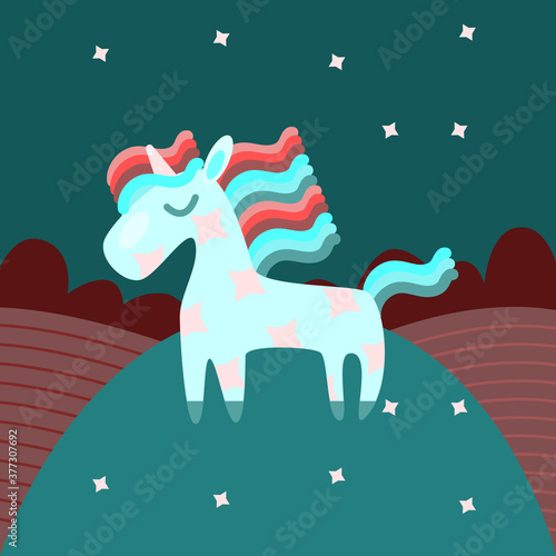 Unicorn in a lake watching the constellation of Ursa Major reflect in the water. Cute style, vector illustration.